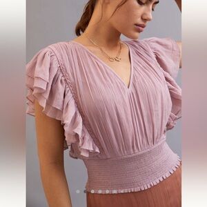 NWT Anthropologie "Forever That Girl" Smocked Ruffle Blouse in Mauve Pink
